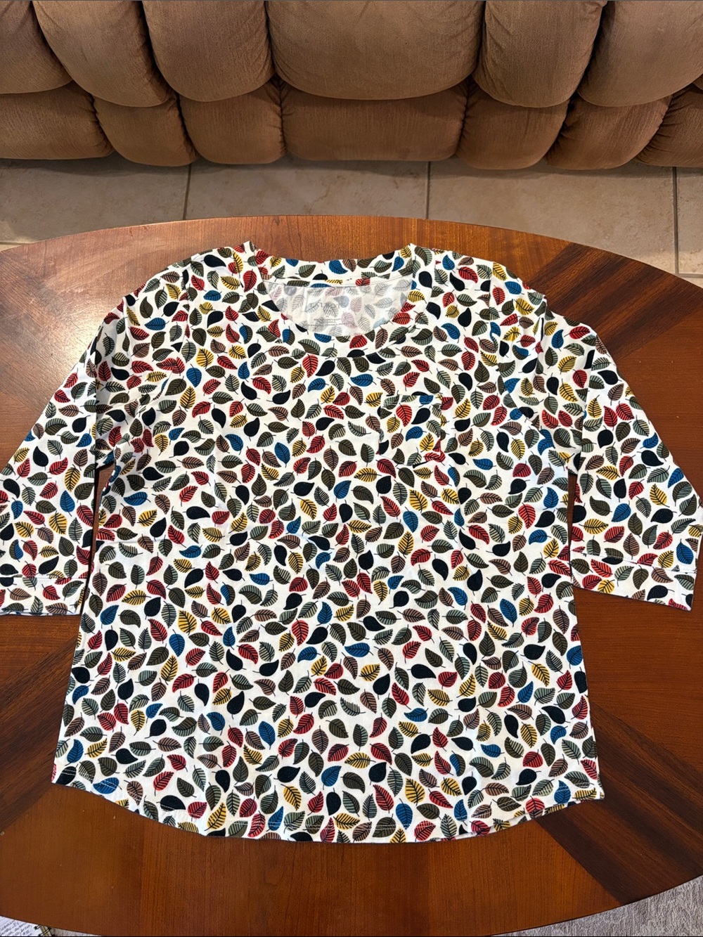Talbots Women’s Leaf-Print 3/4 Sleeve Top - Cream with Multi-Color Leaves